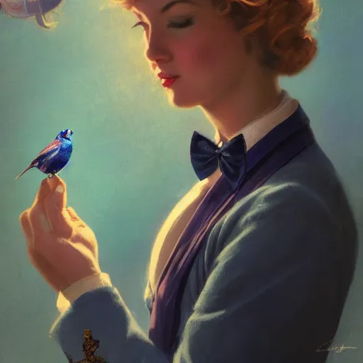 Image similar to an indigo bunting, wearing a crown and bowtie, by greg rutkowski, rossdraws, gil elvgren, enoch bolles, anime, very coherent