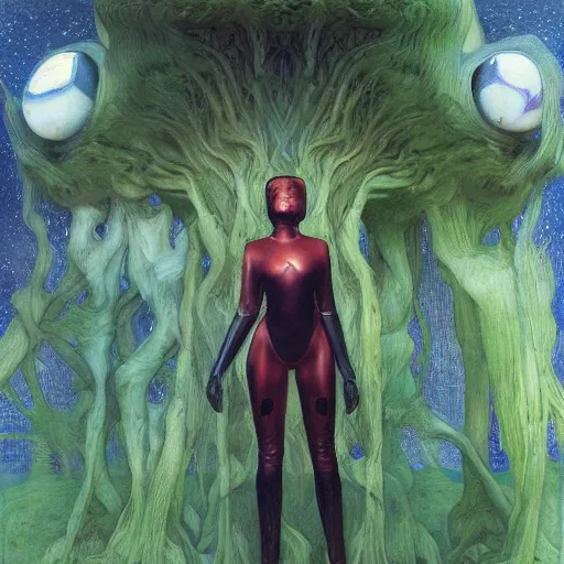 Prompt: beautiful woman in spacesuit, Martian forest, by Edgar Maxence and Ross Tran and Michael Whelan and Gustav Klimpt