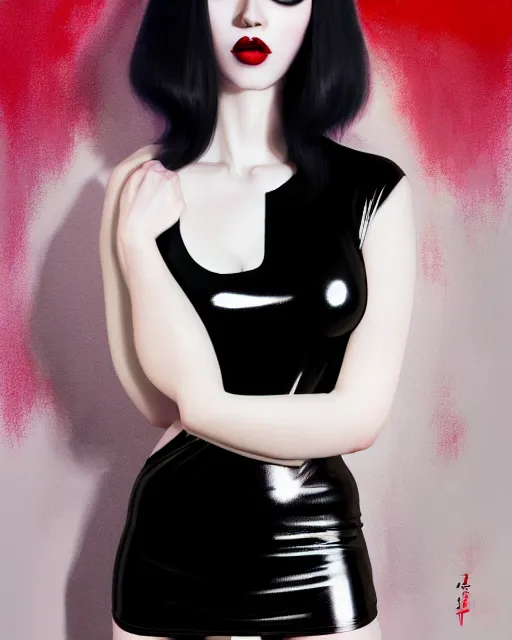 Prompt: a full body portrait of pale skin goth in shiny latex mini skirt and shiny latex tank top, long curvy black hair, red lips, pastel makeup, digital painting by ilya kuvshinov and ross tran and karol bak and stanley lau and anna dittmann and artgerm and xiaoguang sun and tian zi