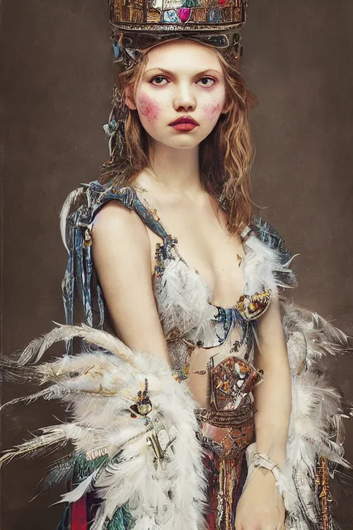 Prompt: head shot portrait of beautiful hannah murray as a knight in a vivienne westwood tattered dress with shiny emerakd ornaments, feathers, painted by uang guangjian and gil elvgren and sachin ten, highly detailed artwork