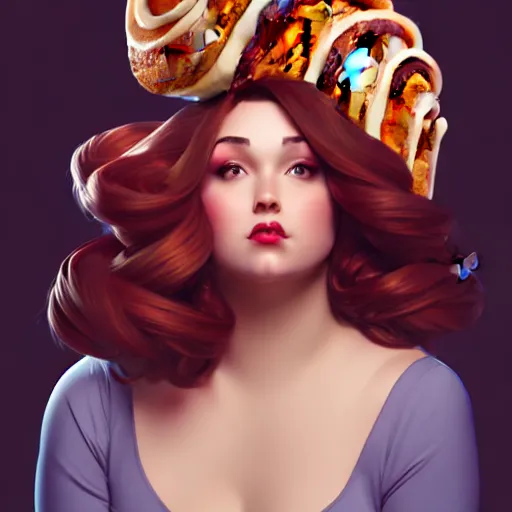 Image similar to curvy woman with a bundt cake on her head, digital art, cinematic, concept art, 8k, painting, imaginefx, cgsociety, art nouveau, Alphonse Mucha, trending on artstation, medium shot, head shot