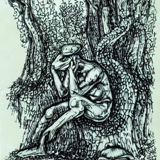 Prompt: The Thinker Sculpture covered in mushrooms and peyote, sitting in a dense luscious forest, ink sketch, Naturalist