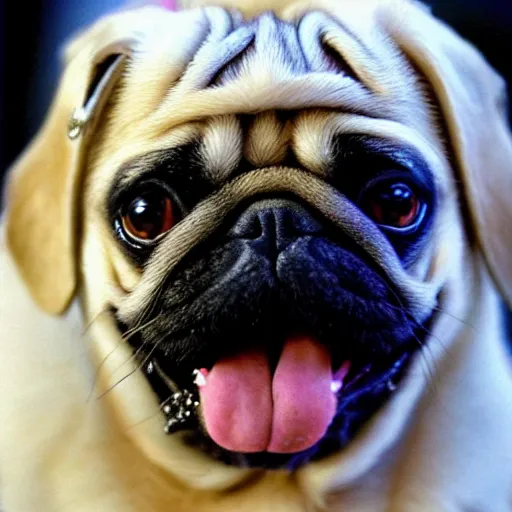 Image similar to pug with a blonde wig like dolly parton playing guitar