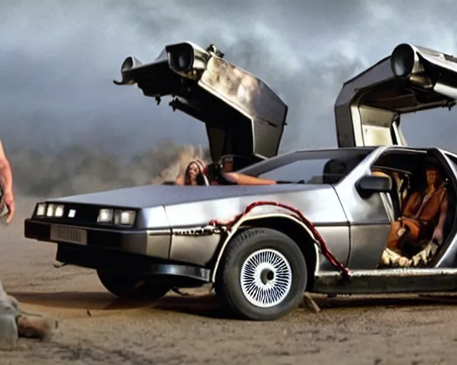 Prompt: doc brown and the delorean in a scene from a mad max movie