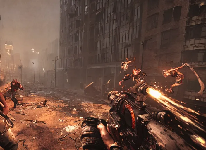 Image similar to duke nukem battling his way through a destroyed new york, a hord of pigmen are chasing, during the night, rain, street fires, pigsoldiers, rendered in cryengine, volumetric lighting, rtx on