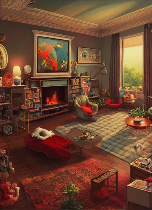 Prompt: highly detailed wide - angle portrait of a retro 1 9 6 0 s living room, nicoletta ceccoli, mark ryden, lostfish, earl nore, hyung tae, frank frazetta, global illumination, god rays, detailed and intricate environment