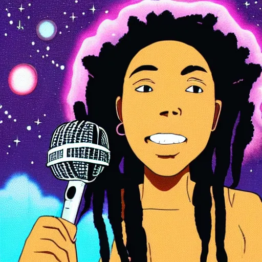 Prompt: black woman with purple dreads with a microphone in space in the style of ghibli