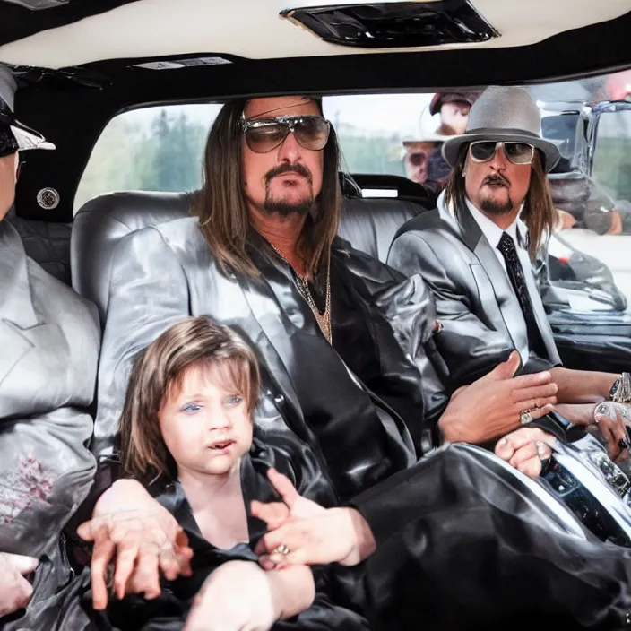 Image similar to highly detailed photograph of kid rock wearing a dress while driving in a limo with putin, movie still, 8 k,