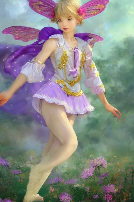 Image similar to Full View fairy maiden with short blond hair wearing an oversized purple Beret, Baggy Purple overall shorts, Short Puffy pants made of silk, silk shoes, a big billowy scarf, Golden Ribbon, and white leggings Covered in stars. covered in embroidery. Short Hair. peasant magic. Rhythmic gymnastics poses. masterpiece 4k digital illustration by Ruan Jia and Mandy Jurgens and Artgerm and william-adolphe bouguereau and greg rutkowski , award winning, Artstation, art nouveau aesthetic, Alphonse Mucha background, intricate details, realistic, panoramic view, Hyperdetailed, 8k resolution, intricate art nouveau