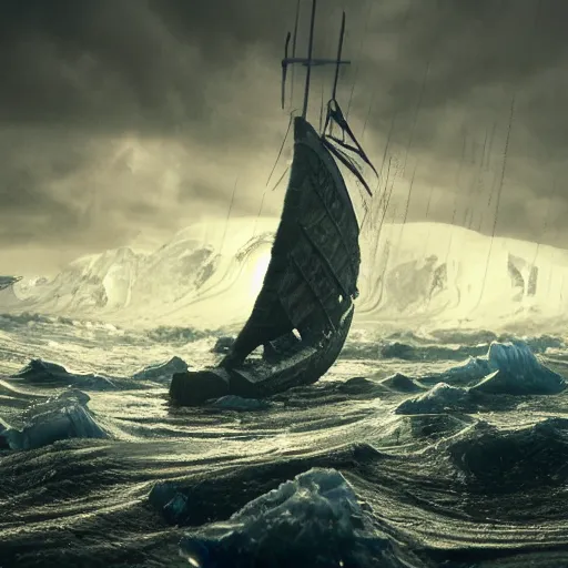 Image similar to A viking ship sailing in a stormy dark seas with ice and huge waves, intricate detail, octane render, masterpiece, lighting