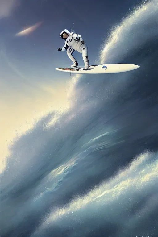 Image similar to a beautiful digital painting of an astronaut in a white space suit surfing the great wave on a surfboard by greg rutkowski, photorealistic, trending on artstation, octane render