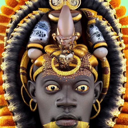 Image similar to elegba eshu the yoruba god with cowrie shells for eyes writing a poem, insanely detailed and intricate, golden ratio, hypermaximalist, elegant, ornate, luxury, elite, James jean, Brian froud, ross tran, realistic 3D, hyper realistic, super detailed, realistic octane render, 8K, fashion photogra