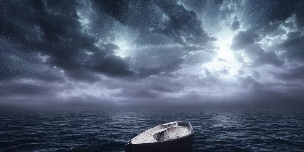 Image similar to a highly detailed realistic photographic render of a boat in a sea of stars, surreal, cinematic lighting, cinematic scene, volumetric lighting, atmospheric scene, dark, mystery, atmospheric lighting, realistic, photo realism, hyper realistic, hyper realism, photo realisitc, cinematic render, film, beautifully lit, ray traced, octane 3 d render, octane render, unreal engine