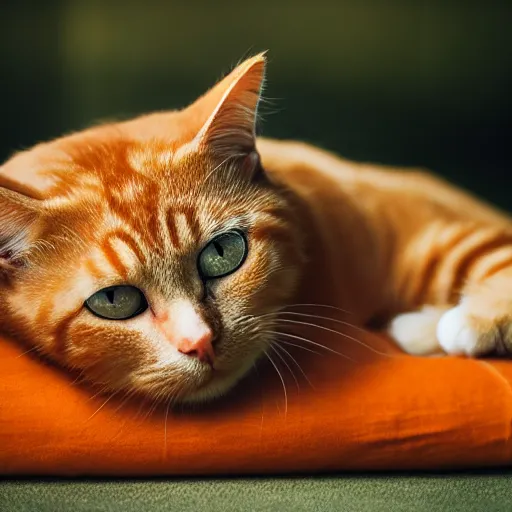 Prompt: realistic orange tabby cat lying in a sunbeam, the cat is next to a pile of D&D polyhedral dice, the cat is sleeping with closed eyes, eyes closed, award-winning photography, cozy, golden hour
