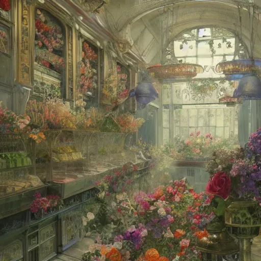 Image similar to a beautifull intricate watercolour painting of a victorian confectionery room with many flowers and, reflexions, verry high details by william turner art, greg rutkowski and alphonse mucha, trending on artstation, very very detailed, masterpiece,