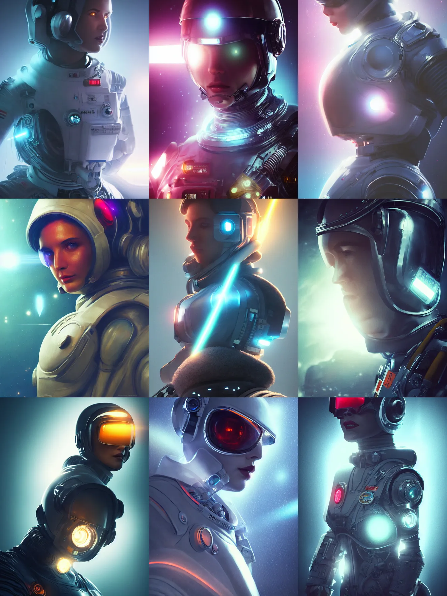 Image similar to portrait art of ultra realistic retro futuristic astronaut, lens flare, atmosphere, glow, detailed, intricate, blade runner, cybernetic, full of colour, cinematic lighting, trending on artstation, 4 k, hyperrealistic, focused, extreme details, unreal engine 5, cinematic, masterpiece