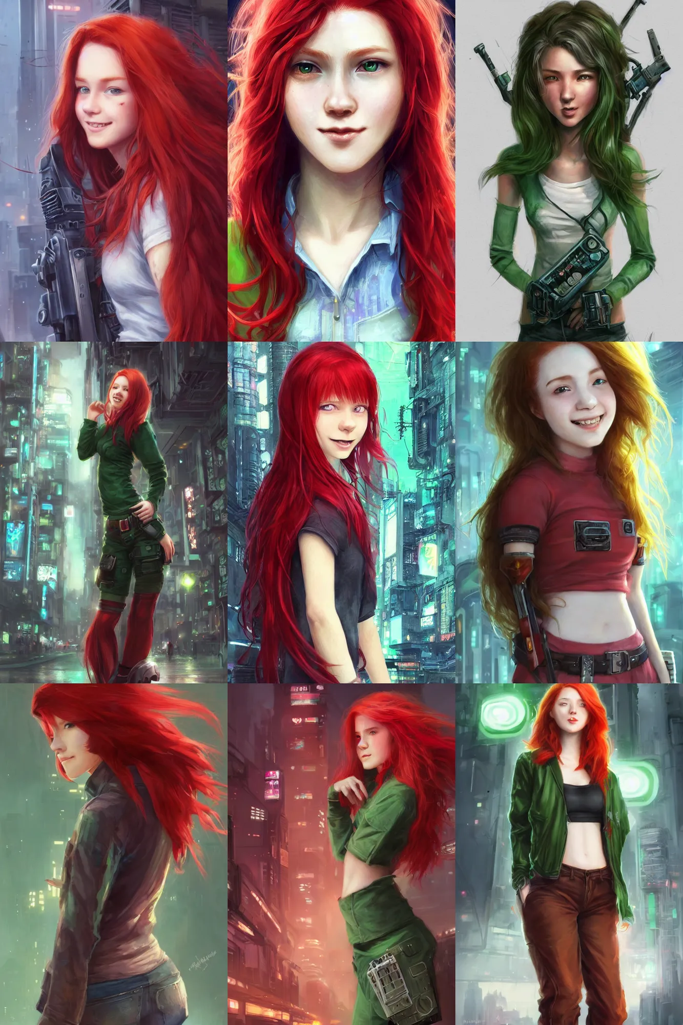 Prompt: beautiful cute red haired eighteen year old young girl standing up, casual green clothing, long hair, cyberpunk city, cute smiling face, rpg character, sci - fi, intricate, elegant, digital painting, artstation, concept art, smooth, 8 k frostbite 3 engine, ultra detailed, art by artgerm and greg rutkowski and magali villeneuve