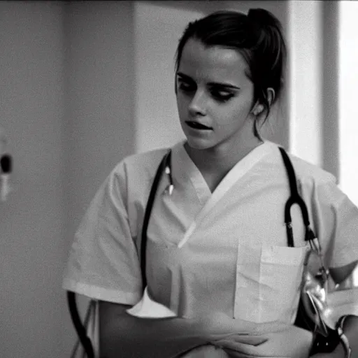 Image similar to emma watson, nurse scrubs, hospital, portrait, mid view head and shoulders, award winning, kodak ektachrome expired blue tint, film still from movie nurses on patrol ( 1 9 8 5 )