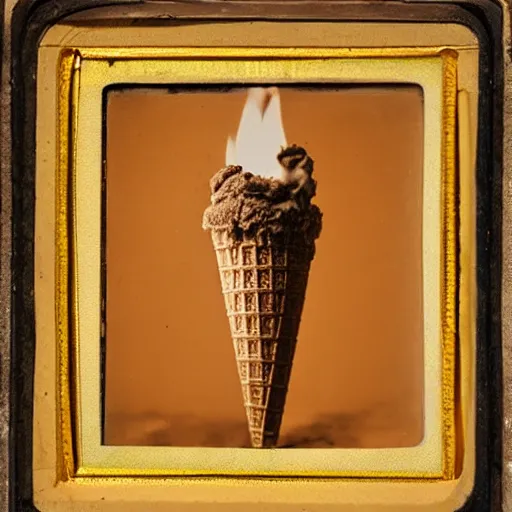 Image similar to a detailed color daguerreotype of a ice cream cone on fire