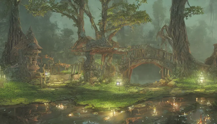 Prompt: scary halloween land with a pond, beautiful ancient trees, hiding large treasure chest, serene evening atmosphere, soft lens, soft light, cel - shading, animation, in the style of cgsociety, deviantart, artstation, zbrush, cinema 4 d, studio ghibli, akihiko yoshida, atelier lulua, masamune shirow