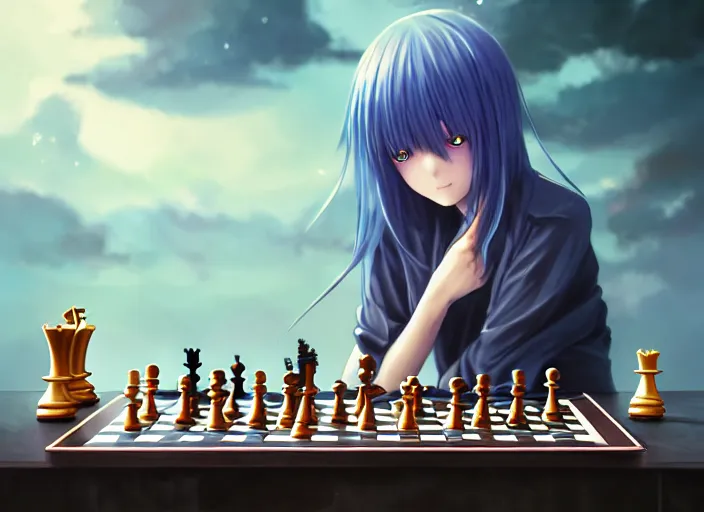 Image similar to rimuru playing chess, with gold eyes, straight hair, sky blue hair, long bangs, high collar, concept art, award winning photography, digital painting, cinematic, by wlop, anime key visual, wlop, 8 k, by ross tran, tom bagshaw, andy warhol