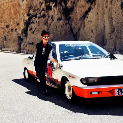 Prompt: bosozoku car in front of the Mediterranean coast