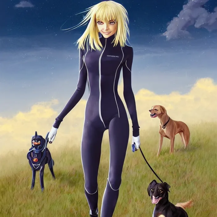 Prompt: full body portrait of a combination of Ashley Greene, Victoria Justice and Adriana Dxim, Grace Kelly and Lily Collins with blonde hair wearing a Plugsuit from Neon Genesis Evangelion and walking dogs, countryside, calm, fantasy character portrait, dynamic pose, above view, sunny day, thunder clouds in the sky, artwork by Jeremy Lipkin and Giuseppe Dangelico Pino and Michael Garmash and Rob Rey and Greg Manchess and Huang Guangjian, very coherent asymmetrical artwork, sharp edges, perfect face, simple form, 100mm