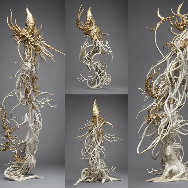 Image similar to angelarium, illithid, cthulhu, white with gold accents, sculpture by ellen jewett