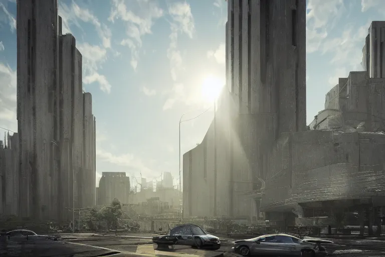 Image similar to streetscape, a towering cathedral of brutalist architecture, buildings covered with greebles, stunning volumetric light, sunset, metal, concrete and translucent material, stunning skies, majestic landscape, trending on Artstation, 8k, photorealistic, hyper detailed, unreal engine 5, IMAX quality, cinematic, epic lighting, in the style of Greg Rutkowski