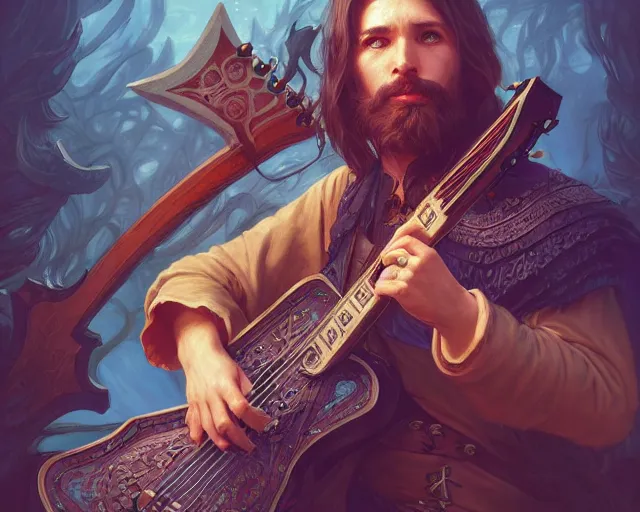 Image similar to photography of a bard with an axe guitar 8 k, deep focus, d & d, fantasy, intricate, elegant, highly detailed, digital painting, artstation, concept art, matte, sharp focus, illustration, hearthstone, art by artgerm and greg rutkowski and alphonse mucha