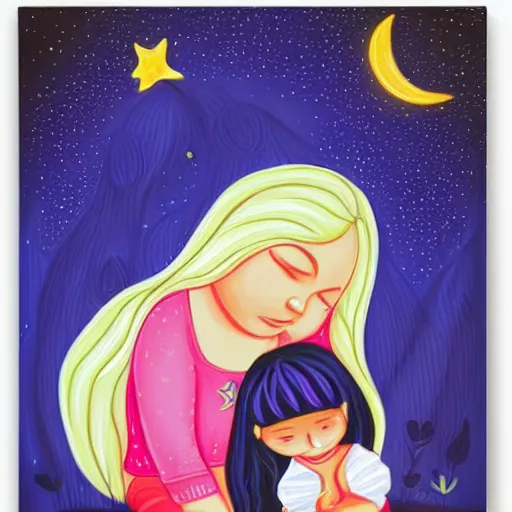 Prompt: a little cute sleepy girl in her bedroom and her mother singing lullabies next to her by Jeremiah Ketner