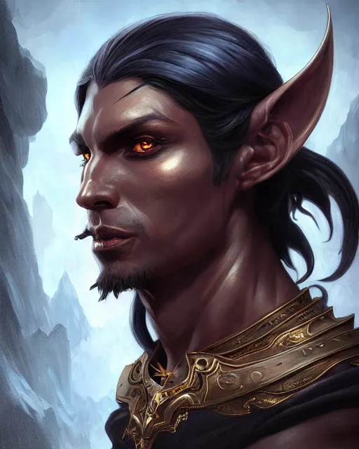 Image similar to a male dark elf pirate, fantasy character portrait, ultra realistic, intricate, elegant, highly detailed, digital painting, artstaion, smooth, sharp, focus, illustration, art by artgerm and greg rutkowski and alphonse mucha
