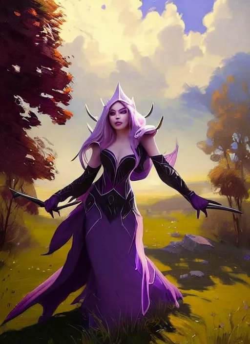 Image similar to portrait of mage Syndra from League of Legends practicing wild magic, countryside, calm, fantasy character portrait, dynamic pose, above view, sunny day, thunder clouds in the sky, artwork by Jeremy Lipkin and Giuseppe Dangelico Pino and Michael Garmash and Rob Rey and Jean Giraud, very coherent asymmetrical artwork, sharp edges, perfect face, simple form, 100mm