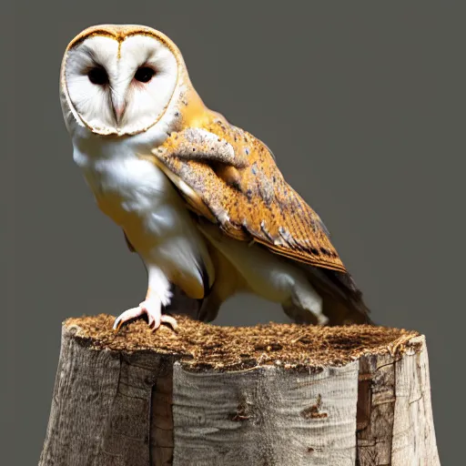 Image similar to ”A barn owl sitting on a Nike Air Jordan sneaker. The sneaker is standing on a birch stump, 4K, Sigma 55”