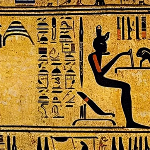 Image similar to ancient egyptian hieroglyphs depicting a person listening to a Walkman CD player