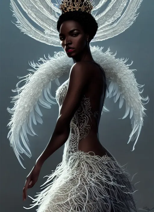 Image similar to full body portrait of beautiful black woman as the swan queen, glowing crown, beautiful flowy feathered gown, intricate white lilies, beautiful baroque lace detail, highly detailed, digital painting, artstation, concept art, smooth, sharp focus, illustration, art by wlop, mars ravelo and greg rutkowski