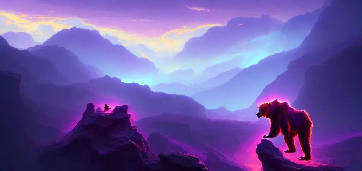 Prompt: post - minimalism portrait of pools of the fire elemental, bird's eye view, goliath werebear rolling, iridescent clouds, vibrant violet color scheme, highly detailed, in the style of romanticism, cinematic, artstation, moebius, greg rutkowski