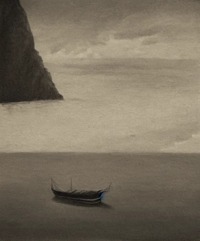 Image similar to photorealistic sepia painting of a 1 9 2 5 bay boat sailing near a jamaican cliff with the mouth of a sea cave at the waterline, dark, brooding, atmospheric, lovecraft, horror