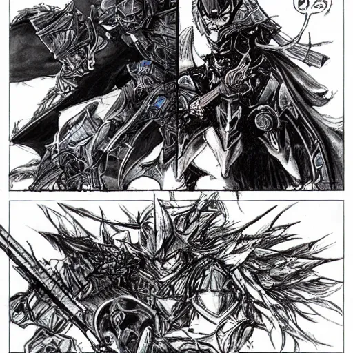 Prompt: A Dark Knight fighting Alexander Prime from Final Fantasy XIV, Drawn in Yoshitaka Amano Style