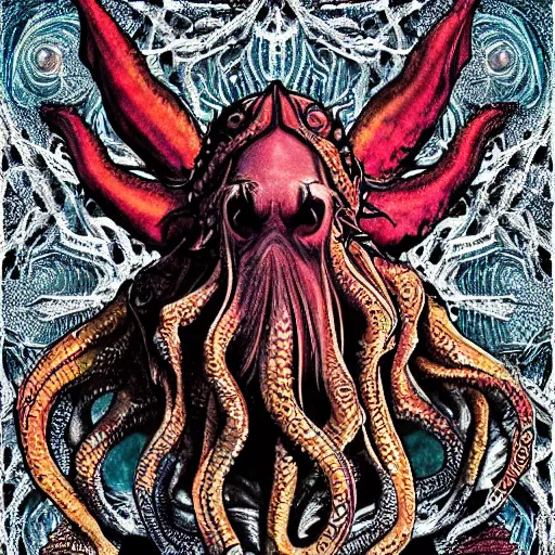 Image similar to 4 k colored headshot of godlike cthulhu with defined arms and open hands and bloody clothes with giant mandala wings, intricate face, flawless anime cel animation by kentaro miura, psychedelic, highly detailed upper body, professionally post - processed, beautiful, scary, symmetry accurate features, epic, octane rendered, anime masterpiece, accurate