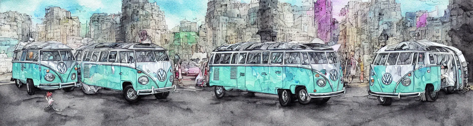 Image similar to vw bus on a street, centered award winning watercolor pen illustration, edited by range murata, tiny details by artgerm and watercolor girl