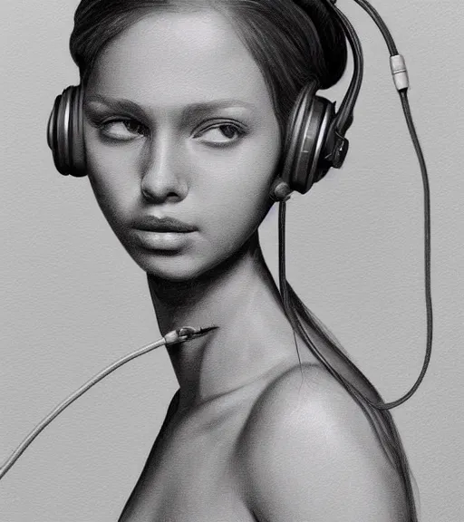 Image similar to young girl wearing headphone listening to amplifier trending on deviantart artstation drawing painting portrait giger sorayama frank Miller style