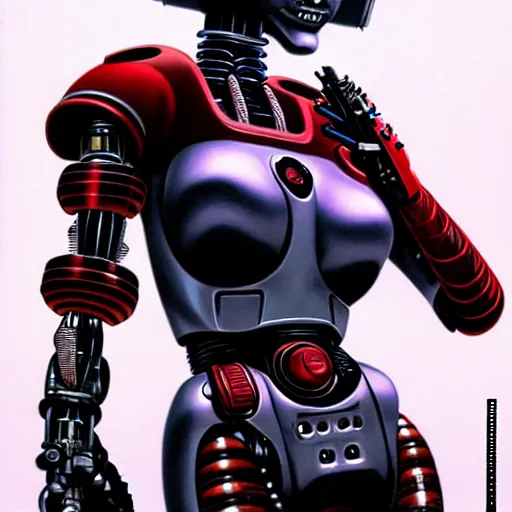 Image similar to geisha death robot, killbot, gun coming out of mouth, very realistic, artwork by jim burns, cyberpunk, sci - fi