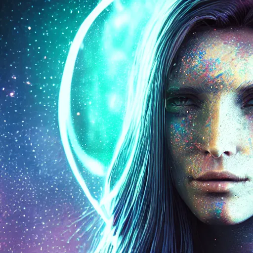 Image similar to woman portrait made out of galaxies, beautiful, cyborg, cinematic comic book art, realistic, highly detailed, octane render