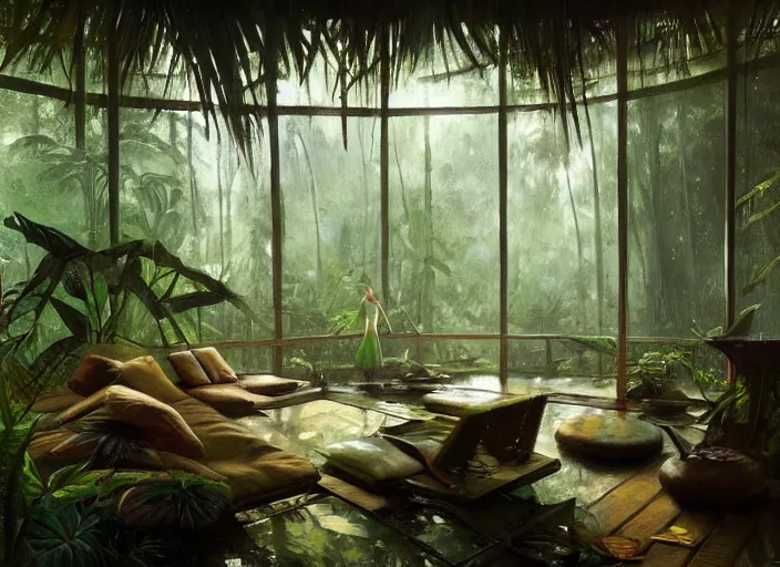 Image similar to a beautiful painting of the interior of a geodesic house in a moist tropical rainforest, living room, by greg rutkowski, realism, artstation, nature