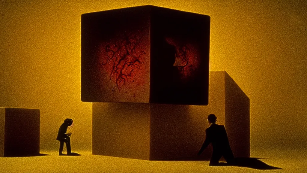 Image similar to cube man, film still from the movie directed by denis villeneuve and david cronenberg with art direction by salvador dali and zdzisław beksinski, wide lens