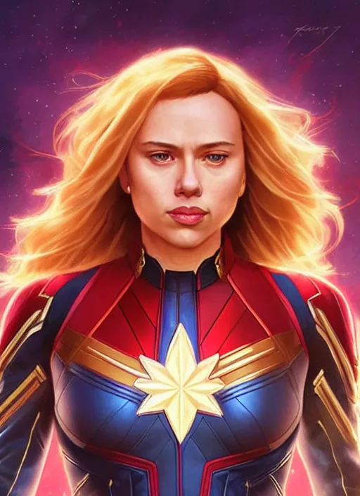 Prompt: Scarlett Johansson as Captain Marvel, fantasy, intricate, elegant, highly detailed, digital painting, artstation, concept art, smooth, sharp focus, illustration, art by artgerm and greg rutkowski and alphonse mucha