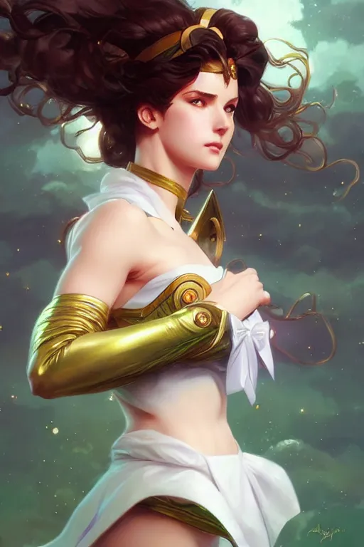 Image similar to Sailor Jupiter, fantasy, intricate, elegant, highly detailed, digital painting, artstation, concept art, matte, sharp focus, illustration, art by Artgerm and Greg Rutkowski and Alphonse Mucha