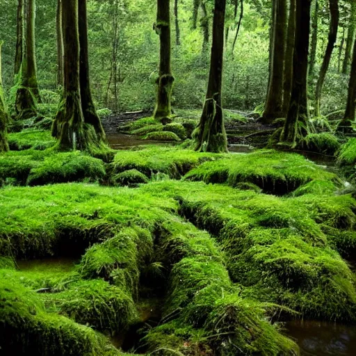 Prompt: round pools of water in a forest, as far as the eye can see, the wood between the worlds, narnia, lush green forest, moss and fern,