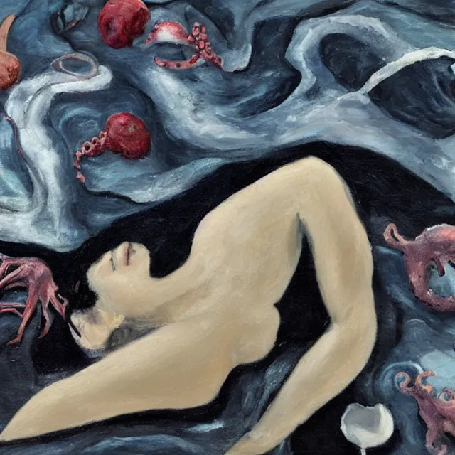 Image similar to a female art student falling asleep, iceberg, black paint, sensual, cloudy, squashed berries, octopus, neo - impressionist, surrealism